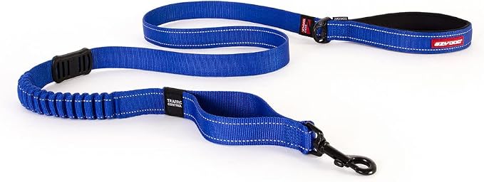 EzyDog Zero Shock - Bungee Dog Leash, Shock Absorbing - 72-Inch, Blue | Padded Neoprene Grip, Traffic Handle, Reflective Stitching, Strong for All Size Pullers, 1" Soft Touch Webbing for Durability