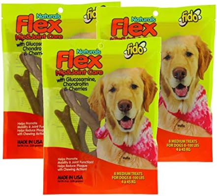 Fido Flex Hip & Joint Care Bones for Dogs - 8 Count, Pack of 3 - Glucosamine & Chondroitin Support - Promotes Mobility & Joint Function - Reduces Plaque - for Medium Dogs - Made in USA (24 Total)