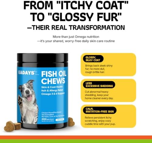 Omega 3 Skin and Coat Supplement for Dogs 200 Chews Meat-Free Dog Omega 3 Chews with EPA & DHA Fatty Acids Dry Skin Relief Shedding Allergy Itching Promotes Heart Hip & Joint Health Chicken Flavor