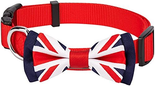 Blueberry Pet 2 Patterns Patriotic Spirits UK Flag Adjustable Bowtie Red Dog Collar - Handmade Bow Tie w/Jacquard Weave Fabric, Medium, Neck 14.5"-20"