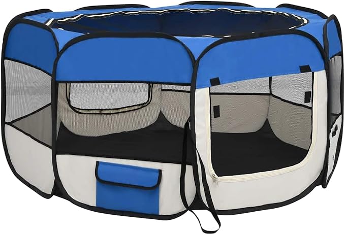 Foldable Dog Playpen 49.2x49.2x24 Inches with Carrying Bag, Blue Steel Frame Playpen for Training, Sleeping, and Play Area with Mesh Roof and Side Pockets