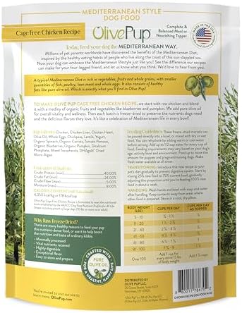 Natural Mediterranean Recipe Cage Free Chicken Dog Food with Olive Oil, Freeze-Dried Diet, Meal Topper for Dogs & Puppies, Organic Fruits & Veggies, Nutrition Dogs Need & Crave, 14 oz