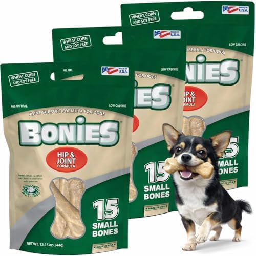 Bonies Natural Hip & Joint Formula Small-Sized Single Bone, Glucosamine & Omega Fatty Acids, Fresh Breath, Clean Teeth, Low Calories, Chicken Flavor, 45 Bones