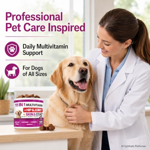 11 in 1 Dog Multivitamin Soft Chews, Daily Vitamins for Dogs with Glucosamine, Probiotics, Salmon Oil, Omega Fatty Acids, Hip & Joint Support, Skin & Coat Care, Gut Health Nutrition, Beef Flavor