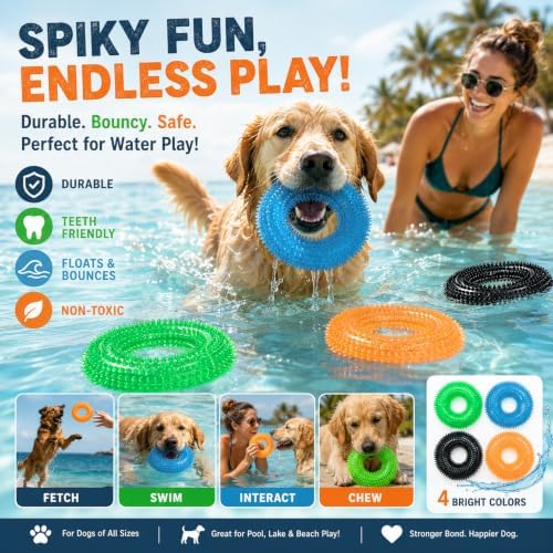 Dog Chew Toy, Squeaky Floating Donut Rings, 4-Pack, Blue/Green/Orange/Black