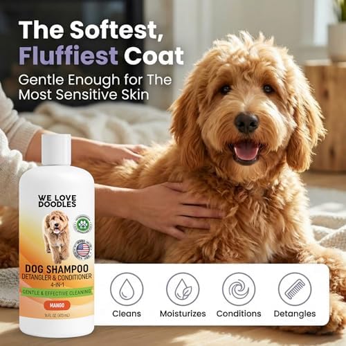 Dog Shampoo, Conditioner & Detangler, Hypoallergenic, Tearless, Mango, 16OZ | For Sensitive Itchy Skin, Best Shampoo For Smelly Dogs, Goldendoodle, Poodle & Doodle, Puppy Pet Wash Soap, USA Made, 4-in-1