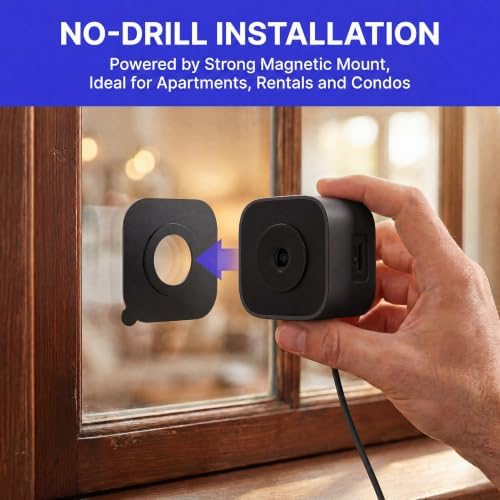 No-Drill Window Camera, 3MP 2K Camera for Home Security, View Outside Through Glass, Color Night Vision, Motion Alerts, 24/7 Recording, Dual-Band WiFi (Black, Square)
