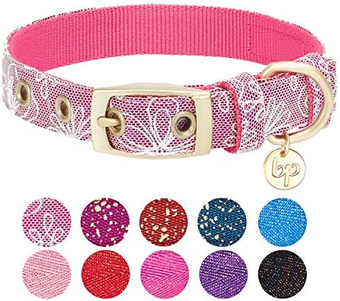 Blueberry Pet Lace Floral Stamping Adjustable Dog Collar in Iconic Pink, Neck 13-16.5", for Medium Breed