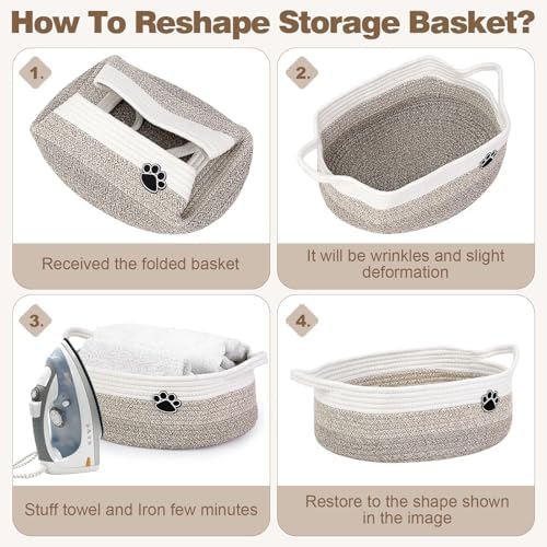 Optish Dog Toy Basket, 30L Toy Box and Bin for Dog Cat Storage, 19.7" X 11" X 7.9" Large Woven Rope Basket for Blanket Storage, Living Room, Bedroom, White & Brown