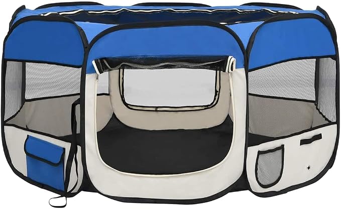 Foldable Dog Playpen 49.2x49.2x24 Inches with Carrying Bag, Blue Steel Frame Playpen for Training, Sleeping, and Play Area with Mesh Roof and Side Pockets