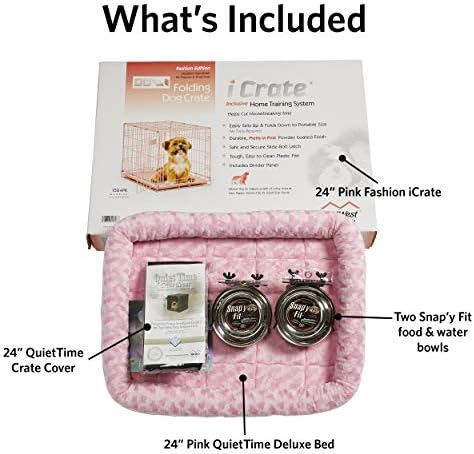 MidWest Homes for Pets Pink Fashion iCrate Starter Kit, 24-inch Dog Crate Bundle for Small Dogs, Includes Crate, Pet Bed, 2 Bowls and Privacy Cover