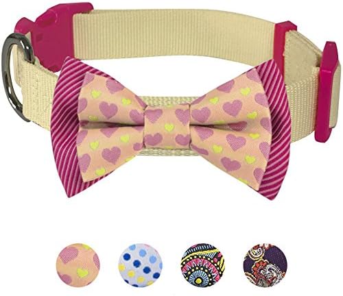 Blueberry Pet 4 Patterns Heart and Stripe Handmade Detachable Bow Tie Adjustable Dog Collar in Fresh Cream, Medium, Neck 14.5"-20"