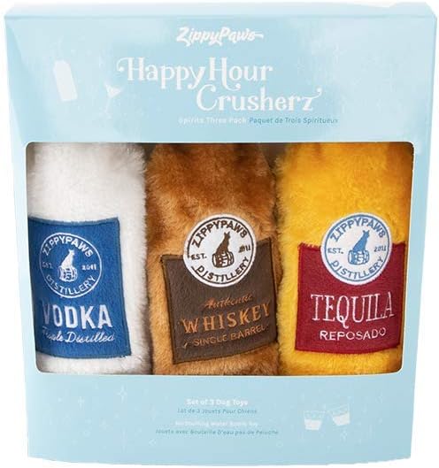 ZippyPaws Happy Hour Crusherz for Small, Medium & Large Dog- Spirits 3-Pack | Interactive Dog Toys to Keep Them Busy, Squeaky Plush Pet Toy for All Breeds, Drink Themed Crinkle Water Bottle Toy
