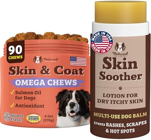 Natural Dog Company Skin & Coat Essentials Bundle, Skin & Coat Supplement + Skin Soother Healing Balm, Promotes Healthy Skin & Coat and Relieves Dry, Itchy Skin