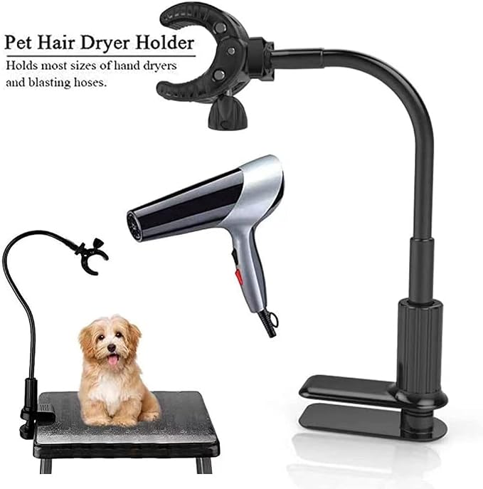 Dog Hair Dryer Stand, Pet Grooming Table Hair Dryer Holder, Hands Free Blow Dryer Holder, 360 Degrees Rotatable Lazy Hair Dryer Stand with Adjustable Clamp Mount for Dog Cat Grooming