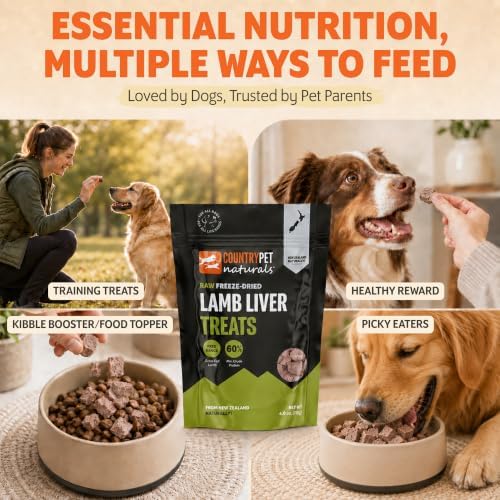 New Zealand Raw Freeze-Dried Lamb Liver 60% Protein Bites 100% Grass-Fed, Premium, Single Ingredient, Grain & Gluten Free Dog Treat & Topper. No Crumbling 6-Pack