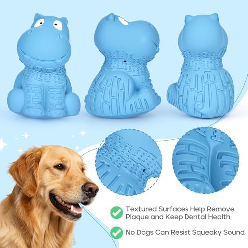 petizer Tough Squeaky Dog Toys for Aggressive Chewers - Durable Natural Latex Rubber Dog Toy with Real Beef Scent, Indoor & Outdoor Trainning Toy for Medium, Large Breeds - Blue Hippo