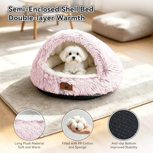 YooxArmor Round Covered Cat Bed Cave Dog Bed for Small Medium Pets,Pink,S