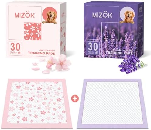 MIZOK Puppy Pads 36x36 Dog Pads Extra Large Odor Control Pee Pads for Dogs, Ultra Absorbent Up to 11 Cups 6 Layers Leak-Proof, Pink Cherry Blossom Prints& Lavender Scented(60 Counts)