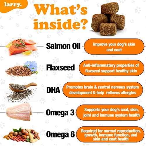Larry Salmon Oil Dog Chews Skin Coat Omega 3 120 Count | Itchy Skin Allergy Relief, DHA EPA, Bone Joint Health, All Breeds Sizes