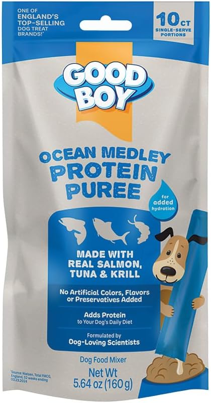 Good Boy Ocean Medley Protein Purees Dog Food Mixers for All Adult Dogs, 10 Count, Easy Single-Serve Triple Flavor Topper Treats with Salmon, Tuna and Krill