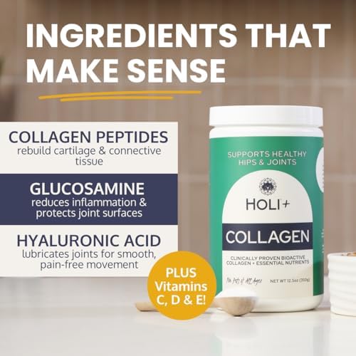 HOLI+ Collagen Supplement for Dogs - Hip and Joint Care Collagen Powder with Glucosamine and Hyaluronic Acid - Easy to Mix Functional Topper