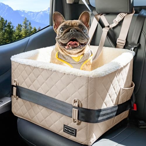 PETSFIT Small Dog Booster Car Seat, Soft Foam, Storage Pockets, Detachable Leash, Under 30 lbs, Khaki
