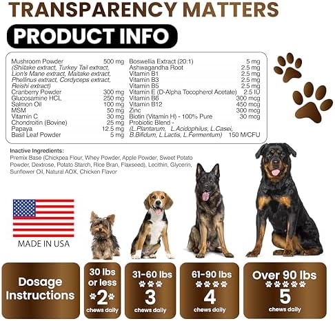 Turkey Tail Mushroom Supplement for Dogs - Mushrooms for Dogs - 170 Chews | Reishi, Lion’s Mane, Glucosamine Multivitamin - Immune Booster, Gut, Hip & Joint Health Support Vitamins, Energy & Skin