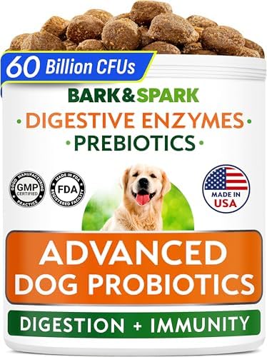 Bark&Spark Vet Strength Dog Probiotics Chews - 60 Billion CFU per jar - Digestive Enzymes for Dogs Gut Health - Chewable Supplement for Diarrhea, Gas, Constipation, Upset Stomach Relief (120 Ct)