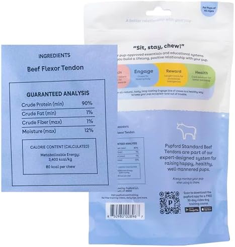 Pupford Beef Tendons for Dogs & Puppies, Teething Chew (Standard, 4 Count)