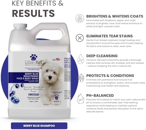 Lillian Ruff PRO Formula Berry Blue Brightening Pet Shampoo - Ultra-Hydrating Professional Whitening Dog Shampoo, Vivid Show-Quality Coat Enhancer, Tear Stain & Odor Eliminator - Vitamin B5 (Gallon)