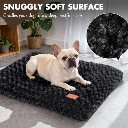 Dog Bed Crate Pad - Rosette Pattern White Velvet Pet Bed Anti-Slip Comfy Kennel Pad for Crates Rosette Black L