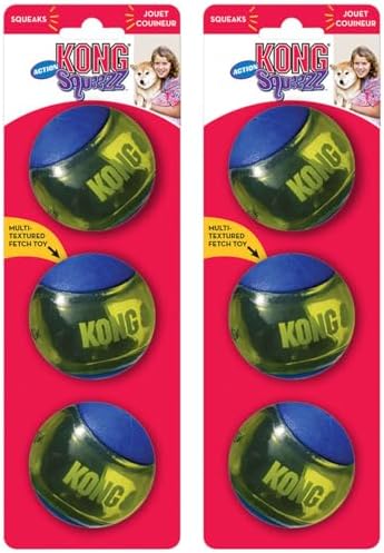 KONG Squeezz Action Ball Dog Toy – Durable Bouncy Ball with Built-in Squeaker – Great for Fetch & Chewers – Stimulates Play & Exercise (Blue, Medium (6 Pack))