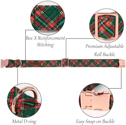 Lionet Paws Dog Collar with Flower - Cute Green Grid Cotton Adjustable Flower Dog Collar with Metal Buckle for Large Dog Girl Gift, L, Neck 16-24in