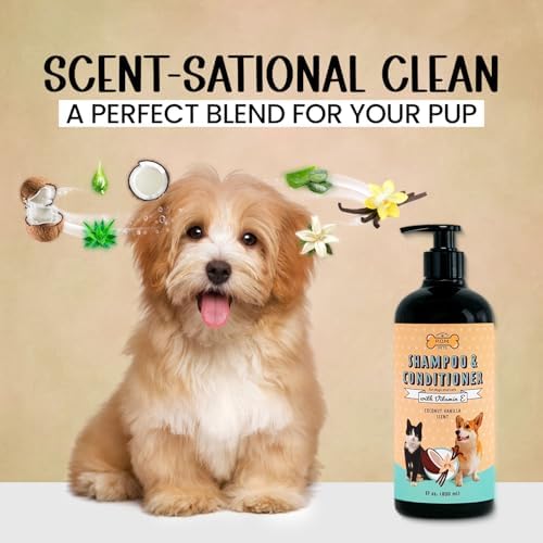 POM Pets 2-in-1 Organic Dog Shampoo & Conditioner – Itchy Skin Relief, Dog Deshedding, Detangles Fur, Cat Shampoo, Paw Cleaner for Dogs, Natural Coat Defense Formula