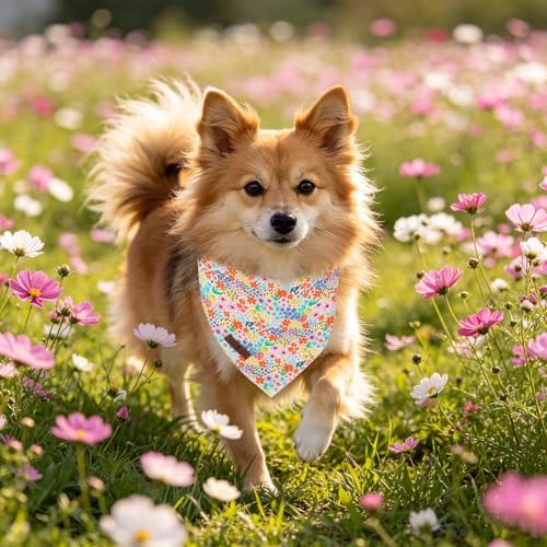 Lionet Paws Spring Summer Wildflowers Cosmos Corn Dog Bandana Washable Cotton Handkerchief Scarf Triangle, Large (Pack of 1), Medium, White