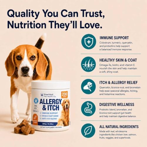 Dog Allergy Chews - 200ct Dog Allergy Relief for Itching Skin & Paw Licking - Allergy and Immune Chews for Dogs with Probiotics & Colostrum - Anti Itch Supplement for Seasonal Allergies, Salmon Flavor