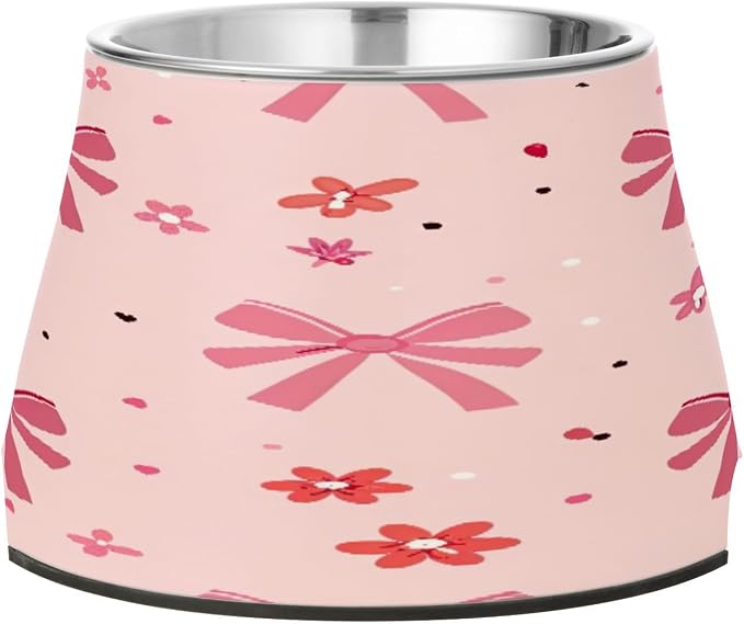 YETTASBIN Bow Pink Elevated Dog Bowls, Prevention of Vertebrae Disease Raised Dog & Cat Bowl Stand with Removable Stainless Steel Bowls, Non-Slip Spill-Proof Pet Food & Water Bowl Dish