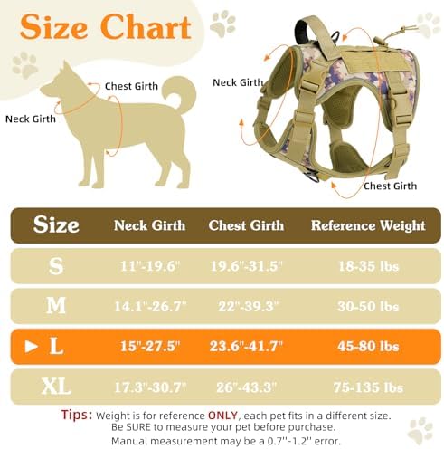 VavoPaw Heavy Duty Tactical Dog Harness for Large Dogs, No Pull Adjustable Pet Harness Reflective Service Training Easy Control Pet Vest Military K9 Working Dog Harnesses, Desert Camouflage, L