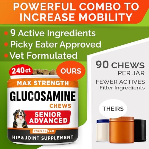 Senior Advanced Glucosamine Joint Supplement for Dogs - Hip & Joint Pain Relief - Small + Large Breeds -Omega-3 Fish Oil - Chondroitin, MSM- Mobility Soft Chews for Older Dogs - Chicken Flavor - 240Ct