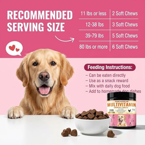Dog Multivitamin Chewable Tablets (200 Count) – 24 in 1 Chicken Flavor Daily Dog Supplements & Vitamins with Glucosamine, Pumpkin, Krill Oil, Chondroitin, Probiotics & Omega-3 for Dogs of All Ages
