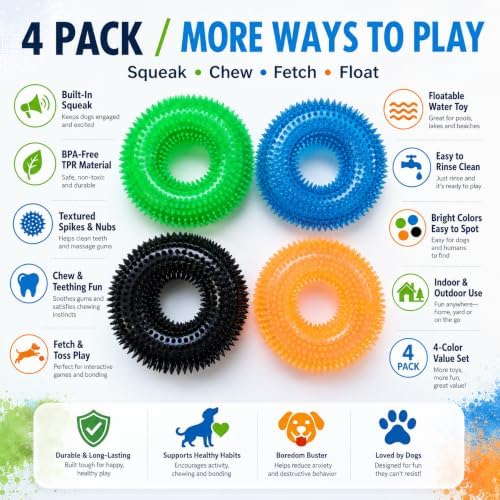 Dog Chew Toy, Squeaky Floating Donut Rings, 4-Pack, Blue/Green/Orange/Black
