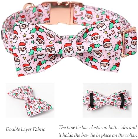 Lionet Paws Christmas Pink Dog Collar Bowtie - Cute Adjustable Winter Cotton Santa Dog Collar with Bowtie for Small Medium Large Dog Girl Boy Gift, S, Neck 10-16in