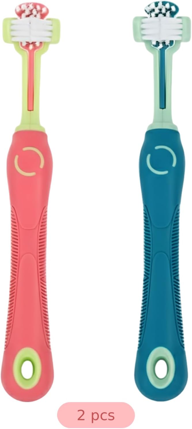 2 Pcs Dog Toothbrush Set, Three Sided Bristles Cat Toothbrush, ABS and TPR Pet Toothbrush with Non Slip Handle, 0.7 in Brush Head, Pink and Green