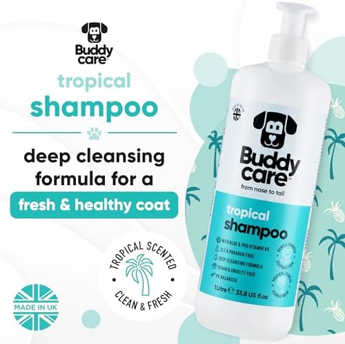 Tropical Dog Shampoo by Buddycare | Deep Cleansing Shampoo for Dogs | Tropical Scented | with Aloe Vera and Pro Vitamin B5 (33.8oz)