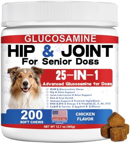 Dog Hip & Joint Supplement – 25-in-1 Glucosamine Chews for Dogs, Chicken Flavor – with MSM, Green Lipped Mussel, Turmeric, Yeast, Omegas & Vitamins – Mobility Support for All Breeds & Ages, 200 ct