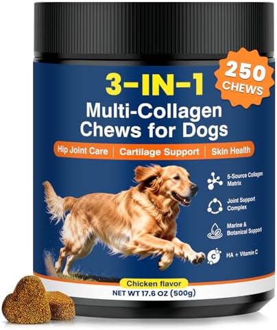 Multi Collagen Soft Chews for Dogs 250 Count for Hip & Joint Supplement Skin & Coat Health Cartilage Mobility Support with Glucosamine Probiotics Hyaluronic Acid Eggshell Membrane (Chicken Flavor)