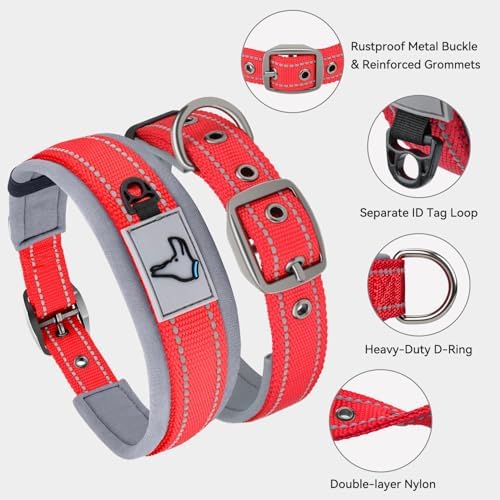 Joytale Reflective Dog Collar for Large Dogs with Wide Padding, Red