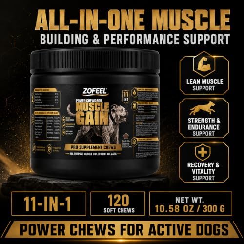 Dog Muscle Gain Power Chews, 11-in-1 Dog Amino Acid Supplement with Glucosamine, Salmon Oil, Ashwagandha, Turmeric & BCAAs, 120 Soft Chews 10.58oz
