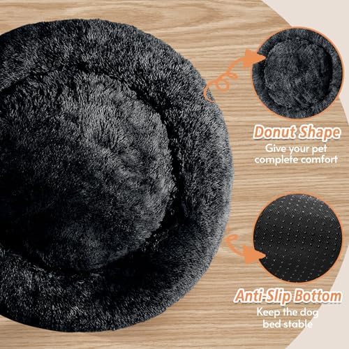 JOLLYVOGUE 20" Calming Donut Dog & Cat Bed, Smoke Black